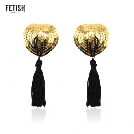 FETISH ADDICT Heart Nipple Covers - invelisuri pentru sfarcuri in forma de inima cu paiete auriu si ciucuri negre