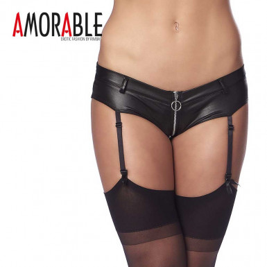 Amorable Pants with Garter Belt set - sort indraznit cu aspect de piele cu portjartier si dresuri in negru