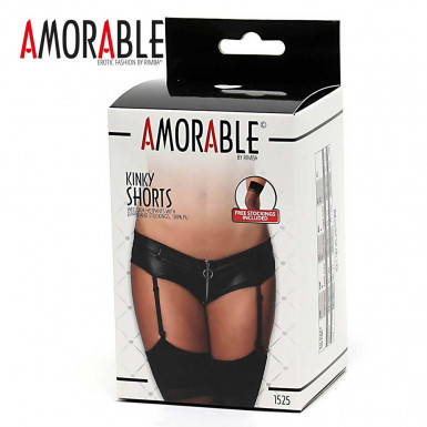 Amorable Pants with Garter Belt set - sort indraznit cu aspect de piele cu portjartier si dresuri in negru