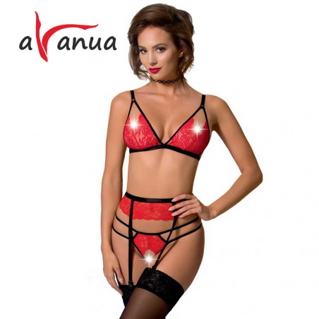 Set Avanua Salome - set de sexy tanga, sutien si portjartiere in rosu si negru